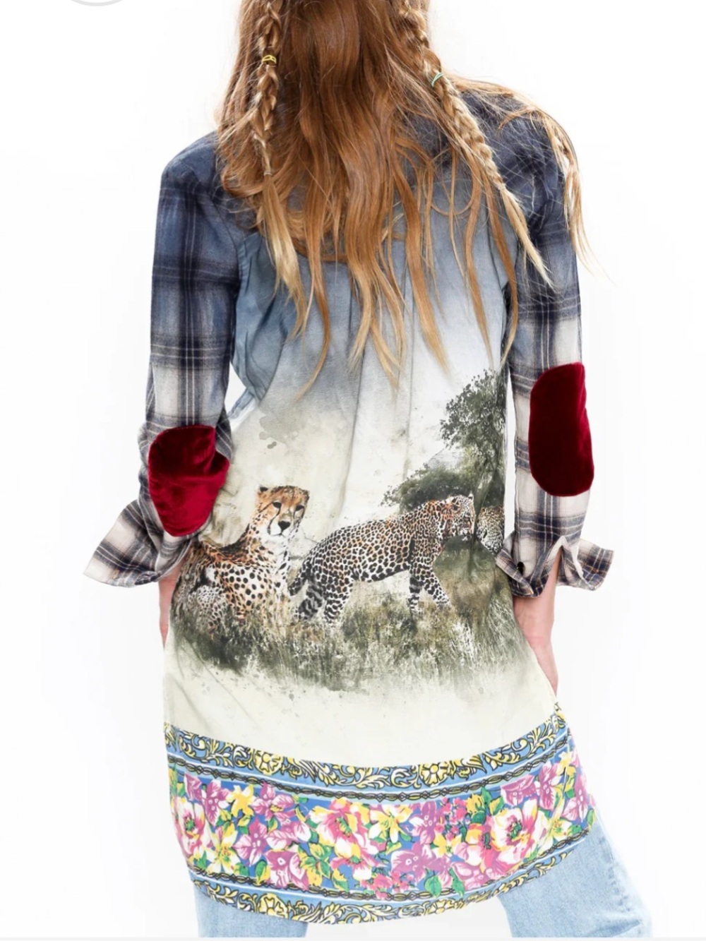 Aratta Silent Journey Cheetah Shirt-Dress Plaid Mixed Media Boho Bohemian